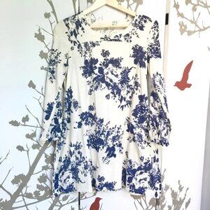 French Blue Floral Linen Dress with Pockets